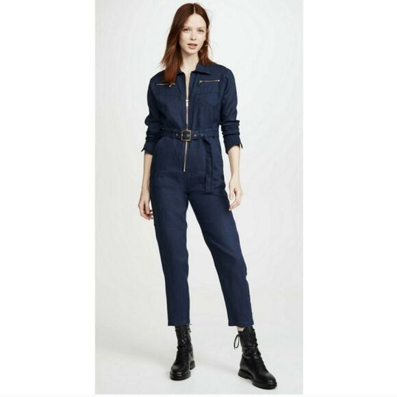 WeWoreWhat Utility Jumpsuit Linen Long Sleeve Gold Zip Collared Blue Size XL - Picture 3 of 12